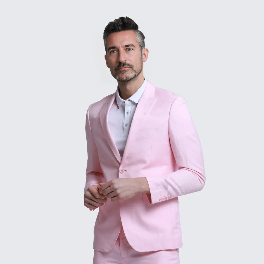 Pink Linen Suit Slim Fit Two Piece Set - Wedding - Prom