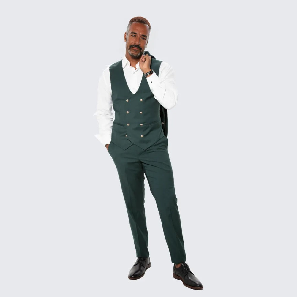 Green Skinny Fit Suit Three Piece Set with Double Breasted Vest - Wedding - Prom