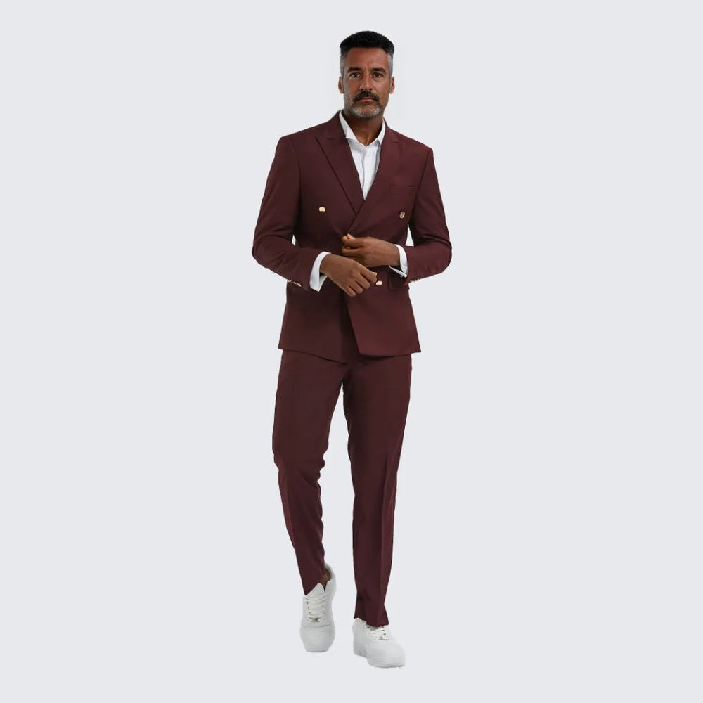 Burgundy Double Breasted Suit Two Piece Set with Gold Buttons - Wedding - Prom