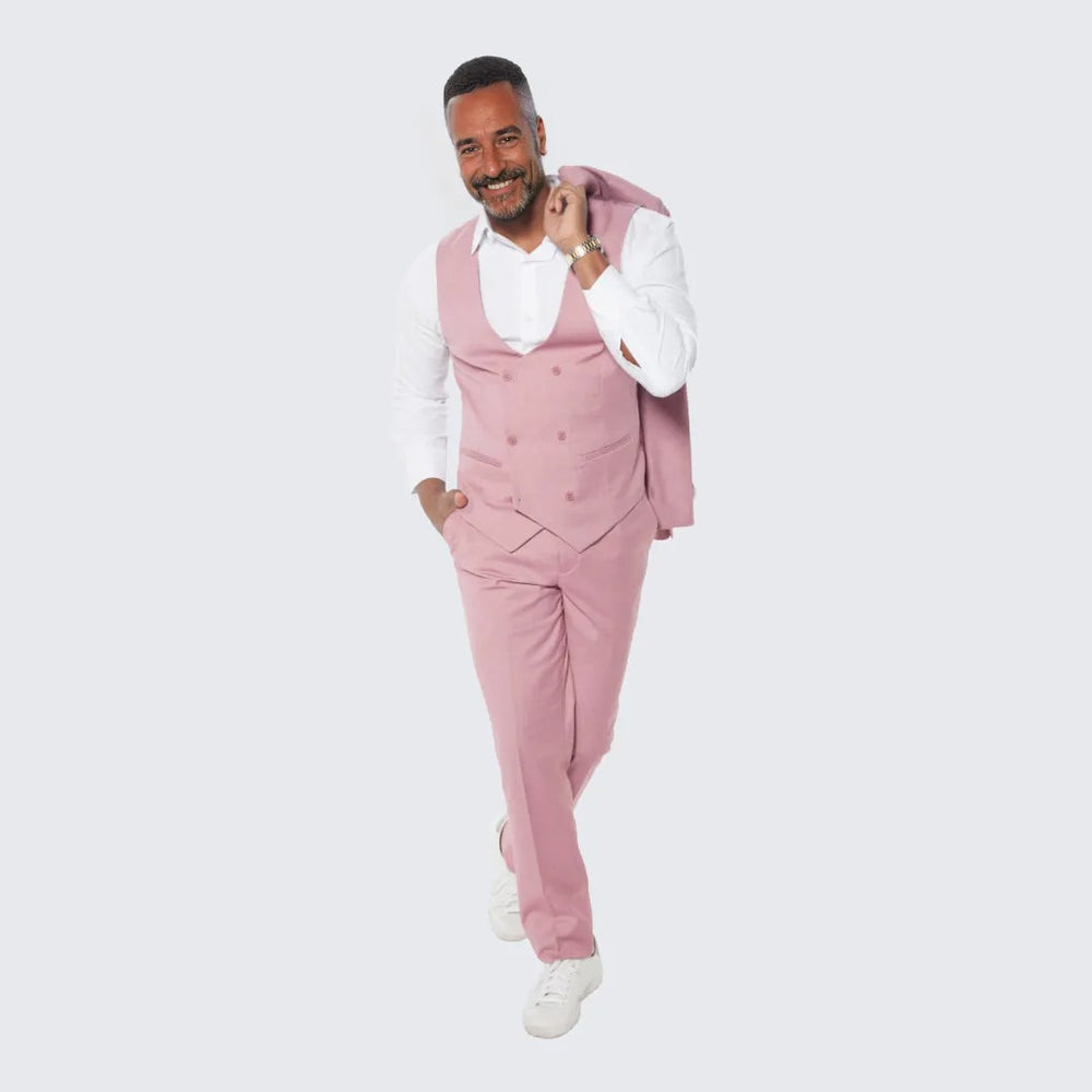 Mauve Slim Fit Suit With Double Breasted Vest - Wedding - Prom