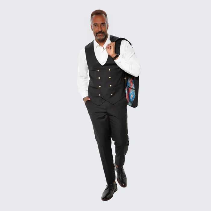 Black Skinny Fit Suit Three Piece Set with Double Breasted Vest - Wedding - Prom