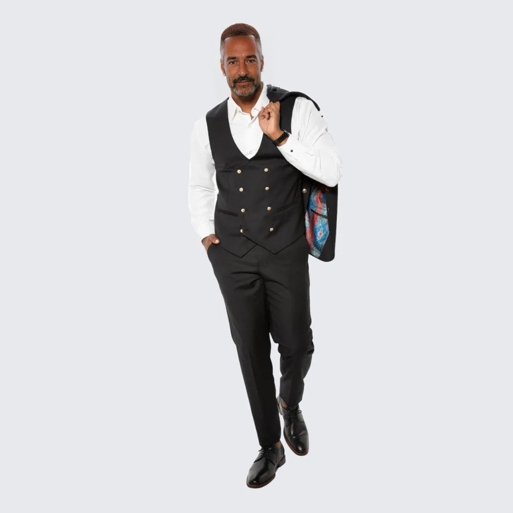 Black Skinny Fit Suit Three Piece Set with Double Breasted Vest - Wedding - Prom