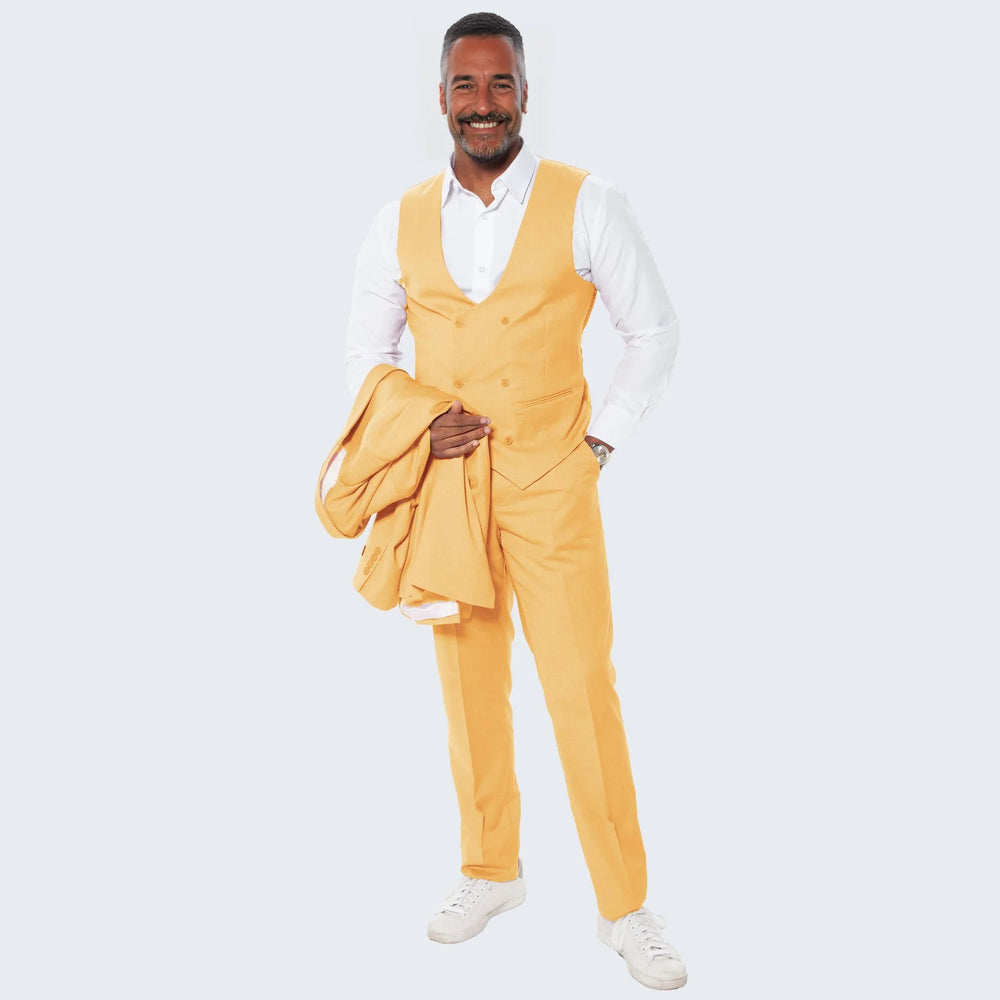 Canary Yellow Slim Fit Suit With Double Breasted Vest - Wedding - Prom