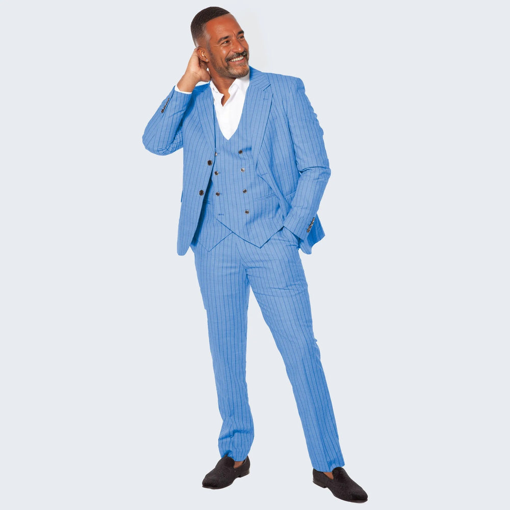 Smoke Blue Suit with Pinstripes Three Piece Set - Wedding - Prom