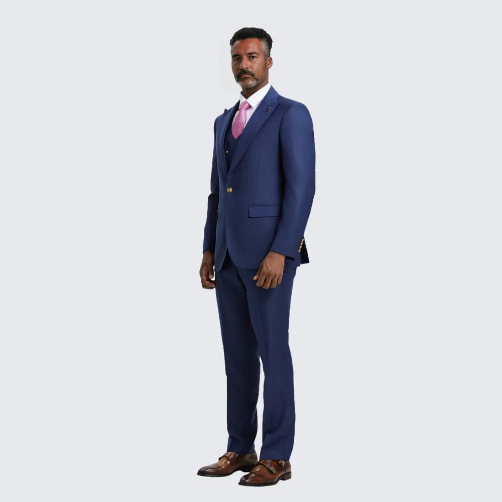 Blue Plaid Hybrid Fit Suit with Peak Lapel by Stacy Adams - Wedding - Prom