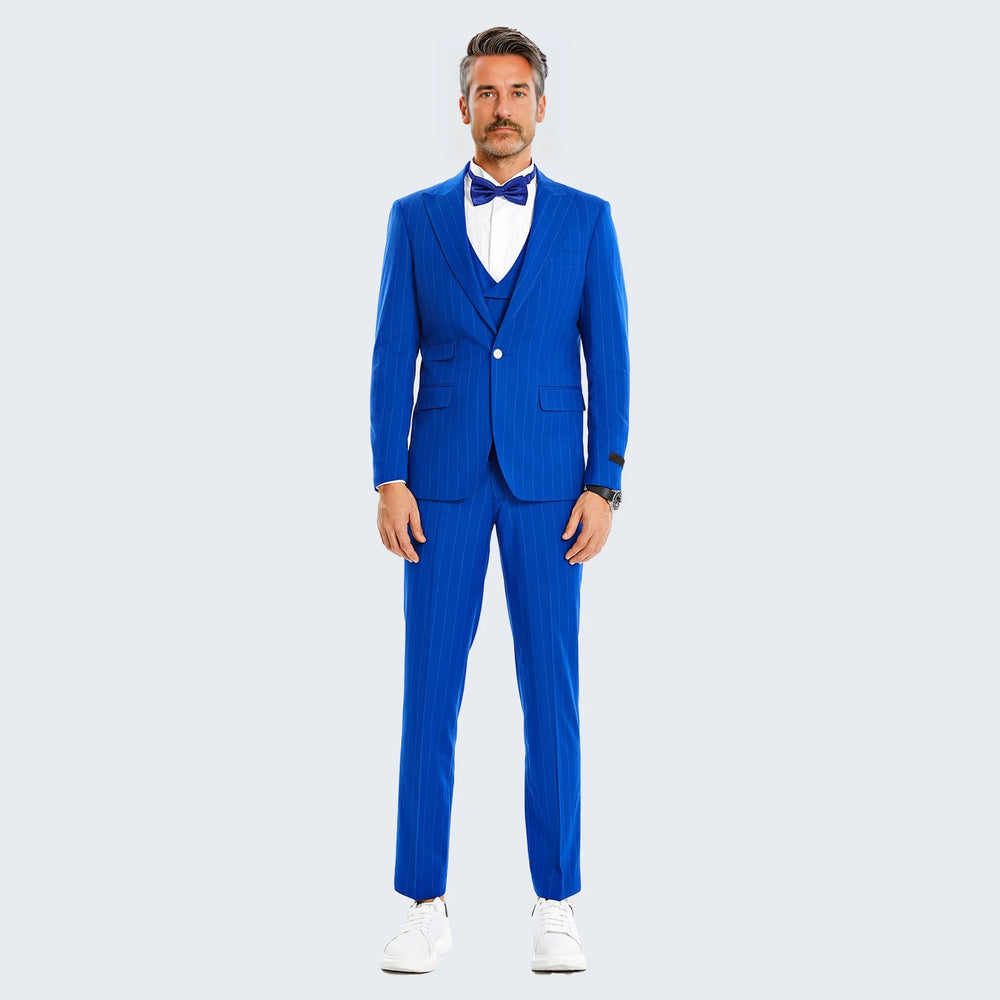 Royal Blue Pinstripe Slim Fit Suit with Double Breasted Vest - Wedding - Prom