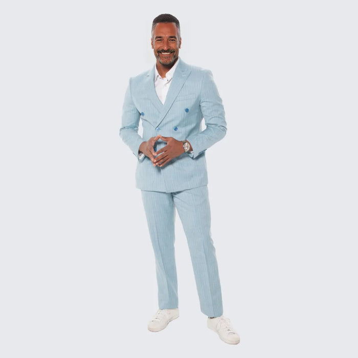 Teal Pinstripe Suit Double Breasted Wide Peak Lapel - Wedding - Prom
