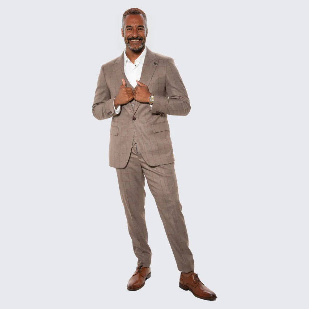 Light Brown Windowpane Hybrid Fit Suit by Stacy Adams - Wedding - Prom