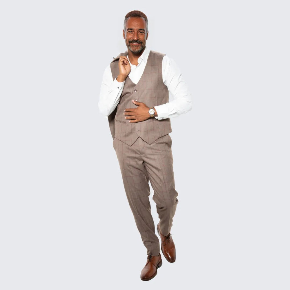 Light Brown Windowpane Hybrid Fit Suit by Stacy Adams - Wedding - Prom