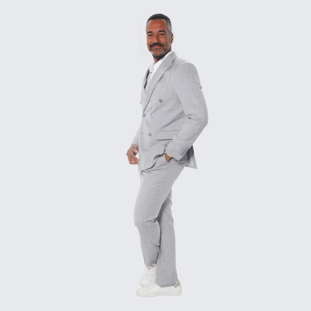 Gray Pinstripe Suit Double Breasted Wide Peak Lapel - Wedding - Prom