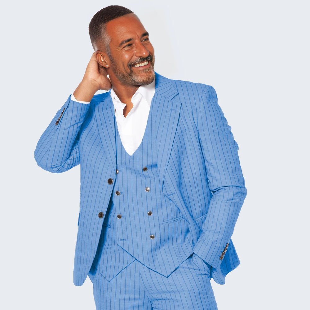 Smoke Blue Suit with Pinstripes Three Piece Set - Wedding - Prom