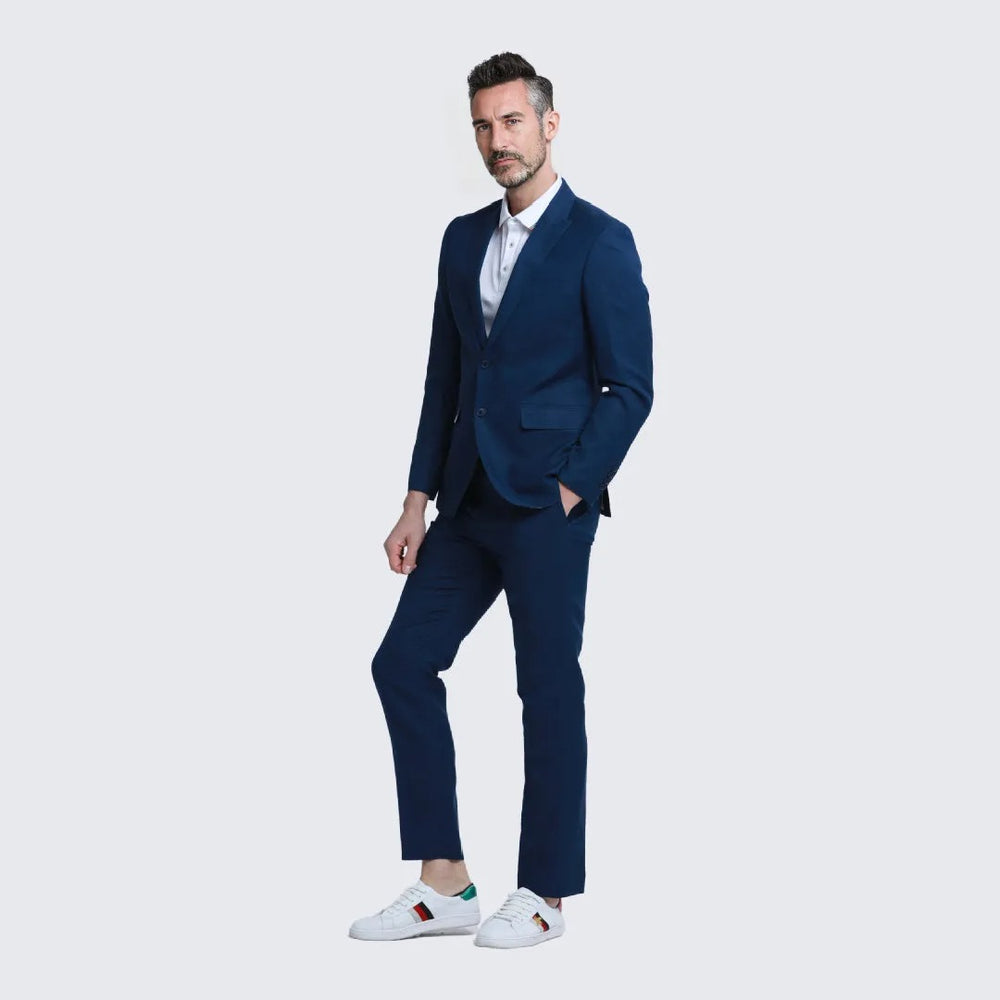 Navy Linen Suit Slim Fit Two Piece Set - Wedding - Prom