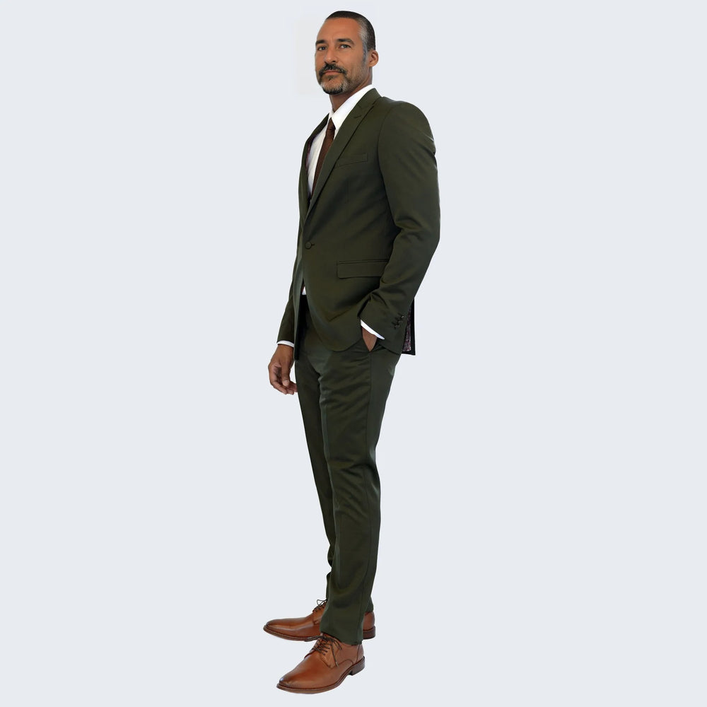 Olive Green Slim Fit Suit with Peak Lapel - Wedding - Prom