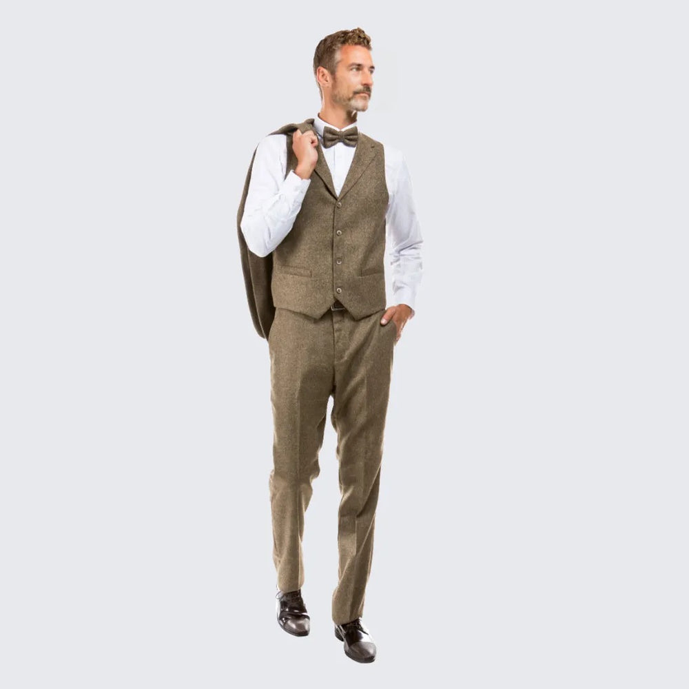 Tan Tweed Suit Three Piece Set - Wedding - Prom