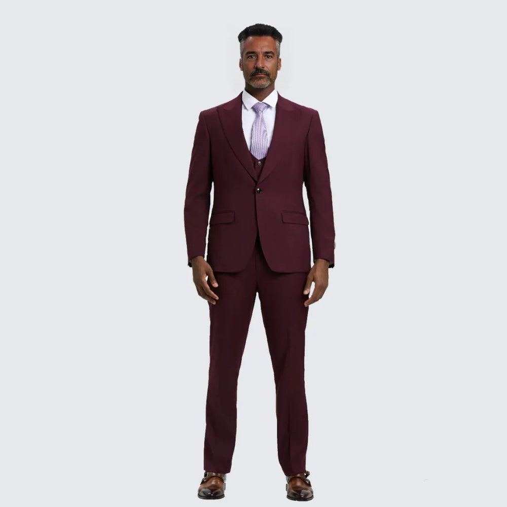 Burgundy Slim Fit Three Piece Suit with Large Peak Lapel by Stacy Adams - Wedding - Prom
