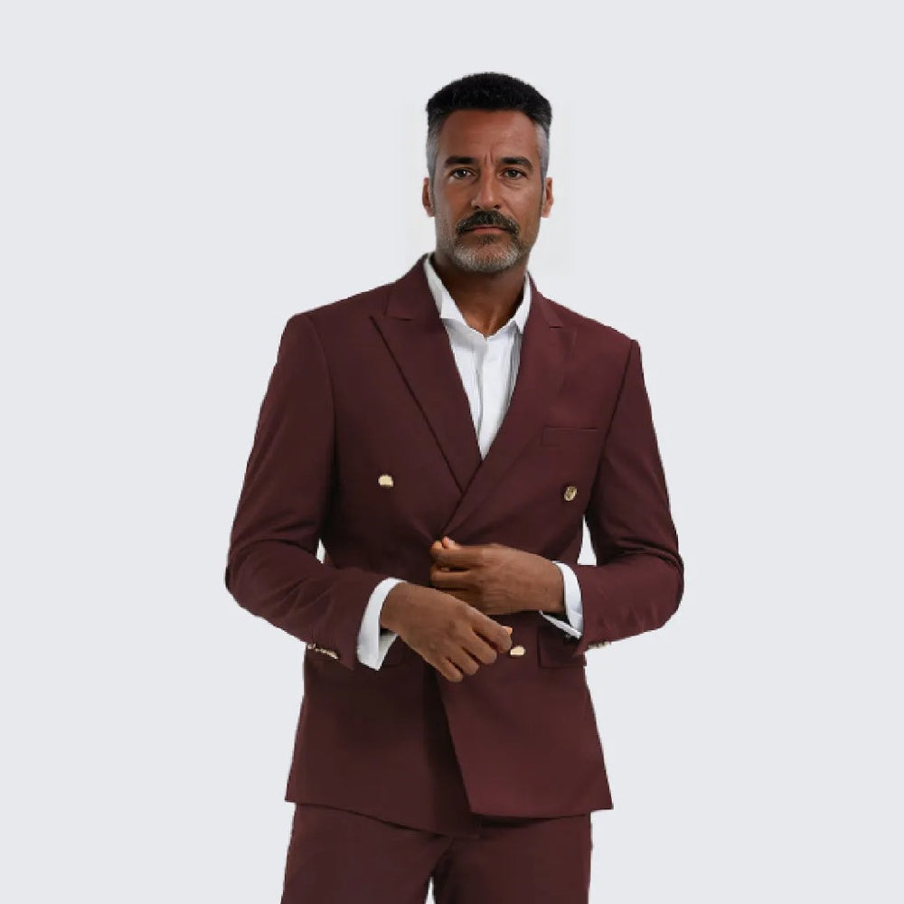 Burgundy Double Breasted Suit Two Piece Set with Gold Buttons - Wedding - Prom