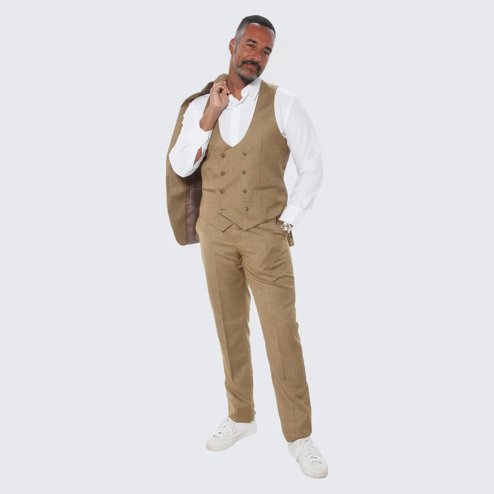 Oatmeal Textured Suit Three Piece Set with Large Notch Lapel by Stacy Adams - Wedding - Prom