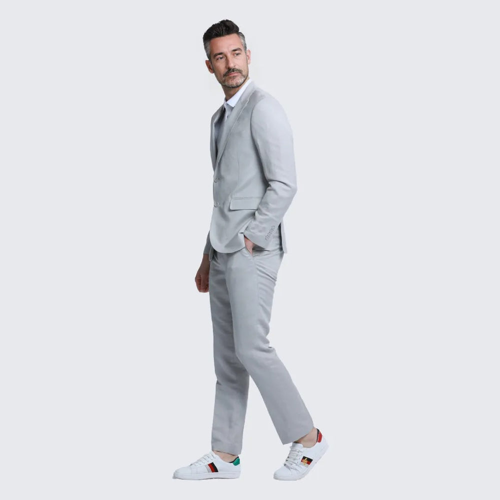 Light Grey Linen Suit Slim Fit Two Piece Set - Wedding - Prom