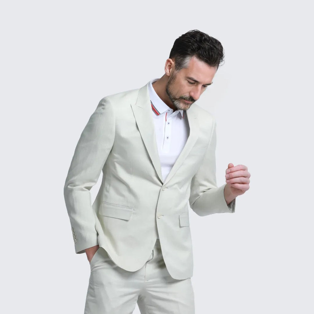 Ivory Linen Suit Slim Fit Two Piece Set - Wedding - Prom