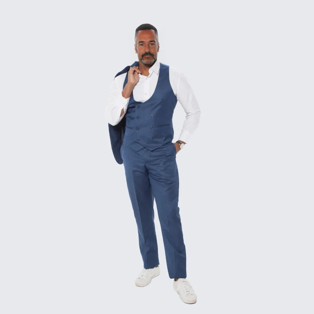 Blue Textured Suit Three Piece Set with Large Notch Lapel by Stacy Adams - Wedding - Prom