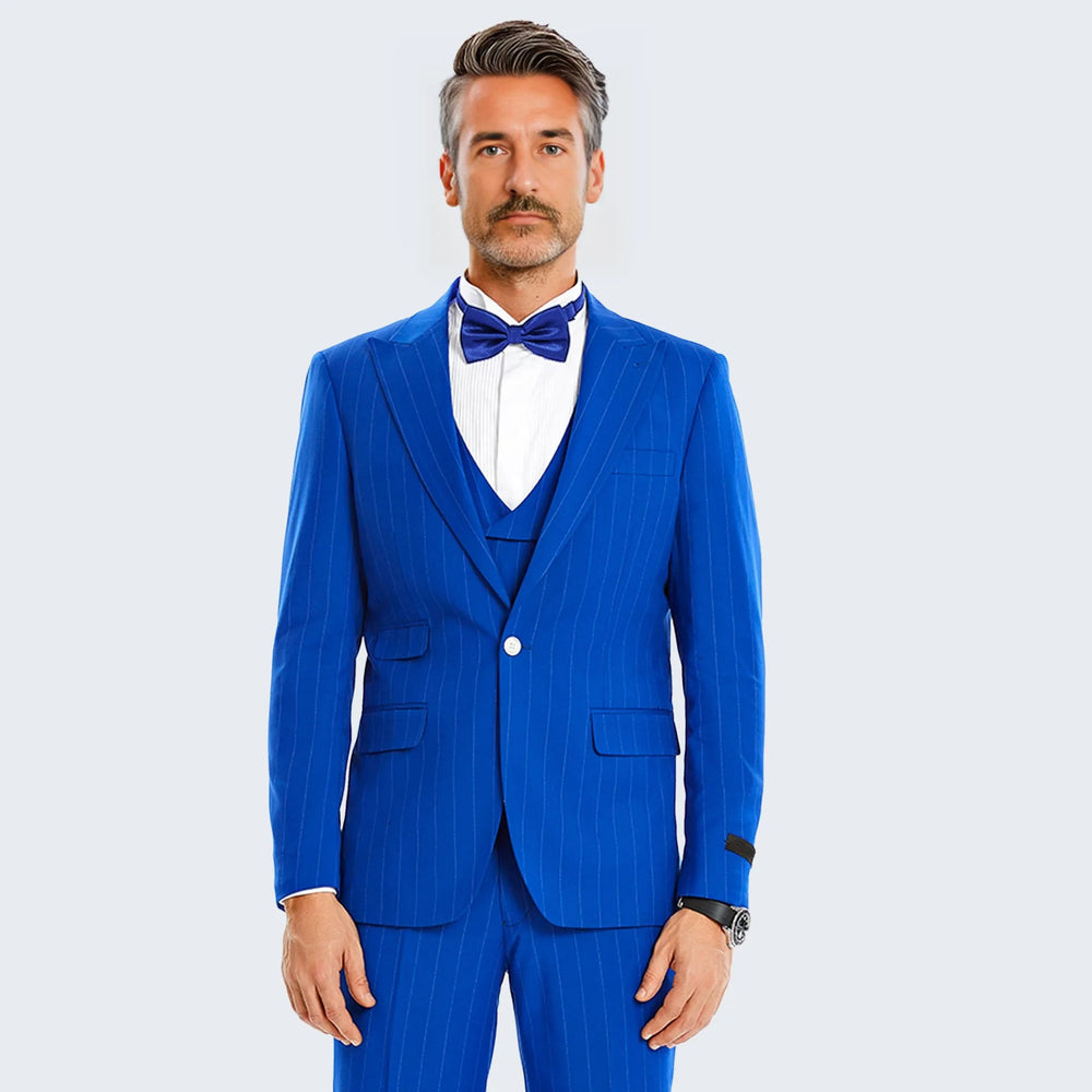 Royal Blue Pinstripe Slim Fit Suit with Double Breasted Vest - Wedding - Prom