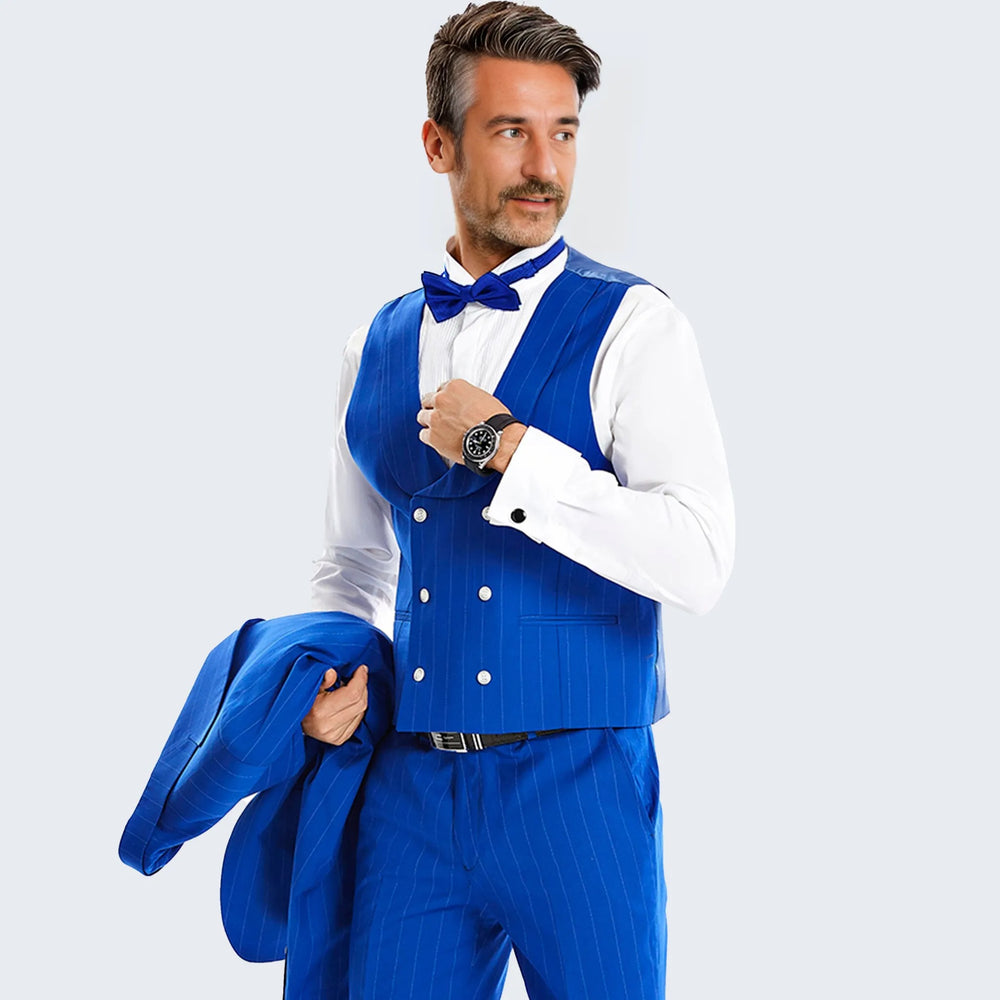 Royal Blue Pinstripe Slim Fit Suit with Double Breasted Vest - Wedding - Prom