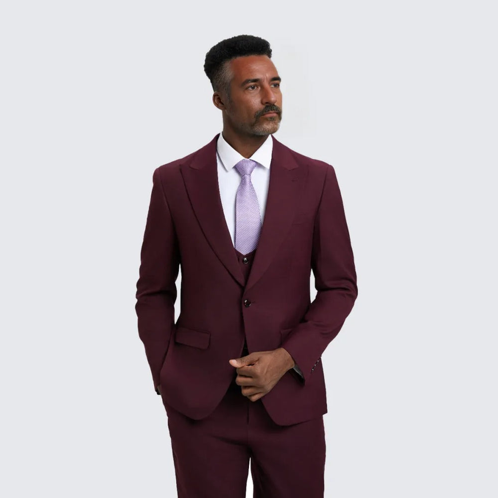 Burgundy Slim Fit Three Piece Suit with Large Peak Lapel by Stacy Adams - Wedding - Prom