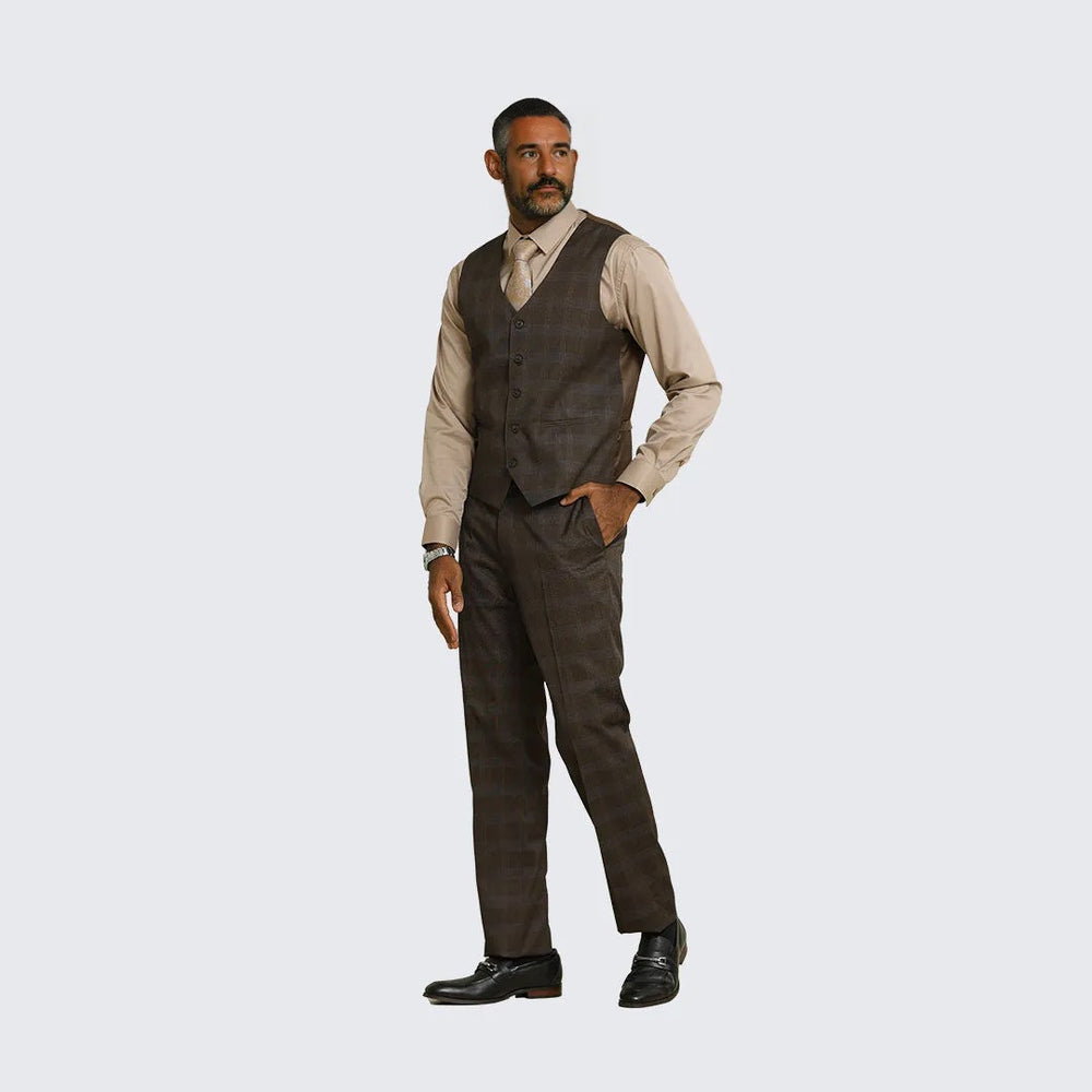 Brown Glen Check Three Piece Suit By Stacy Adams - Wedding - Prom
