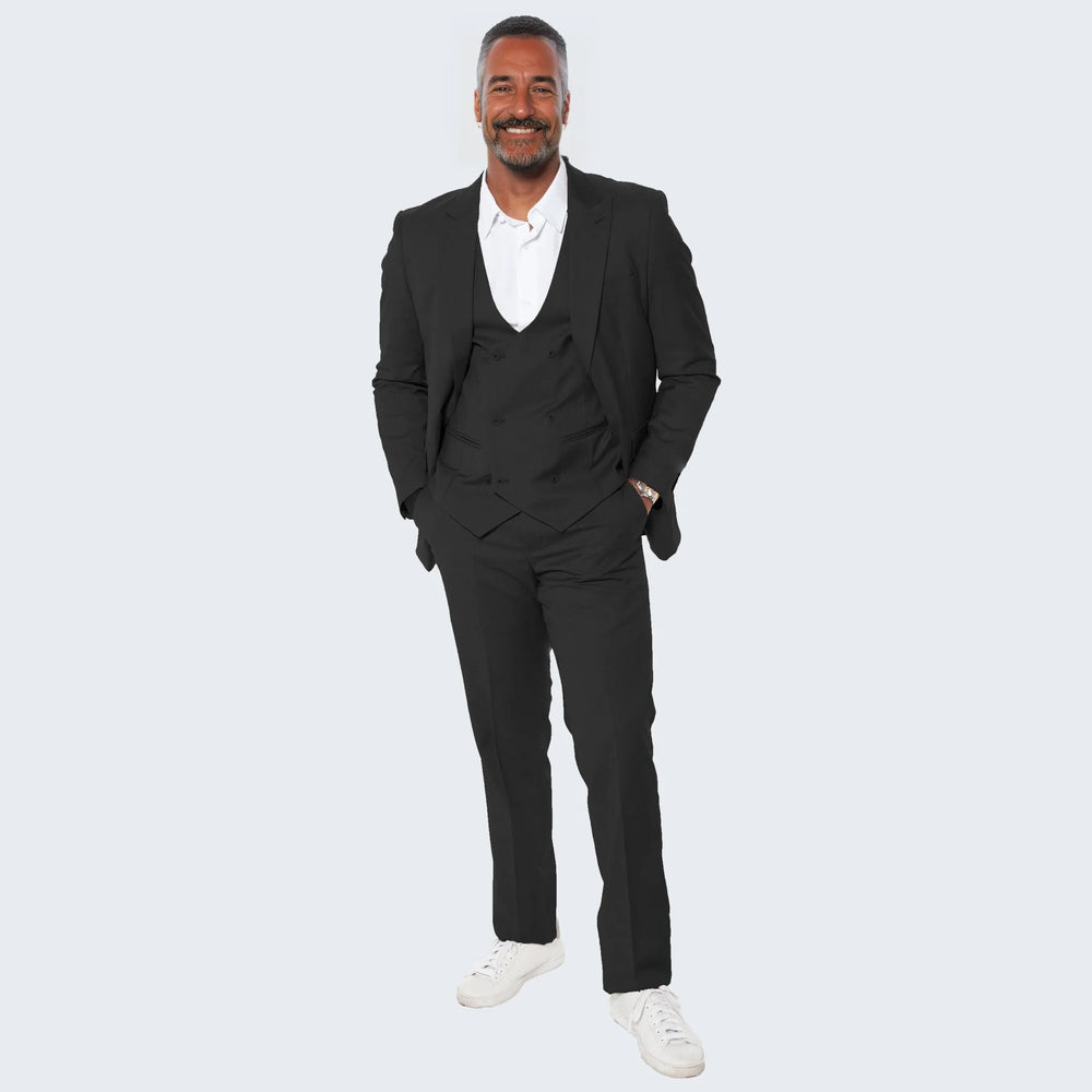 Black Slim Fit Suit With Double Breasted Vest - Wedding - Prom