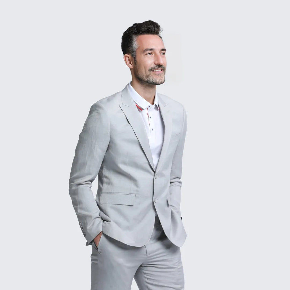Light Grey Linen Suit Slim Fit Two Piece Set - Wedding - Prom