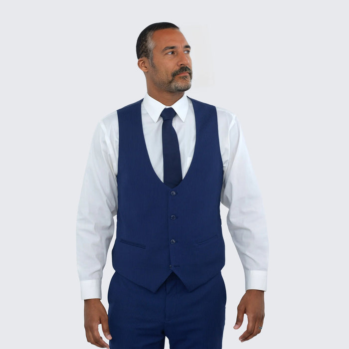 Dark Blue Pin Stripe Suit Three Piece Set - Wedding - Prom