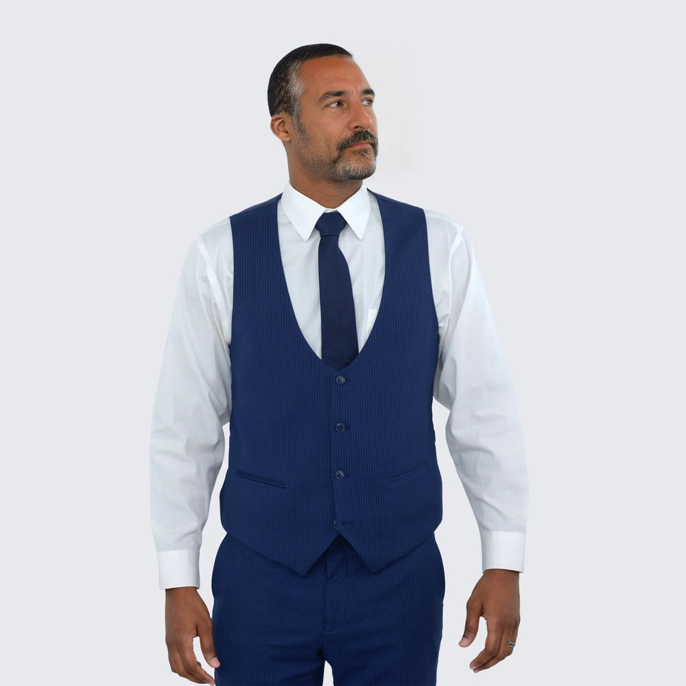 Dark Blue Pin Stripe Suit Three Piece Set - Wedding - Prom