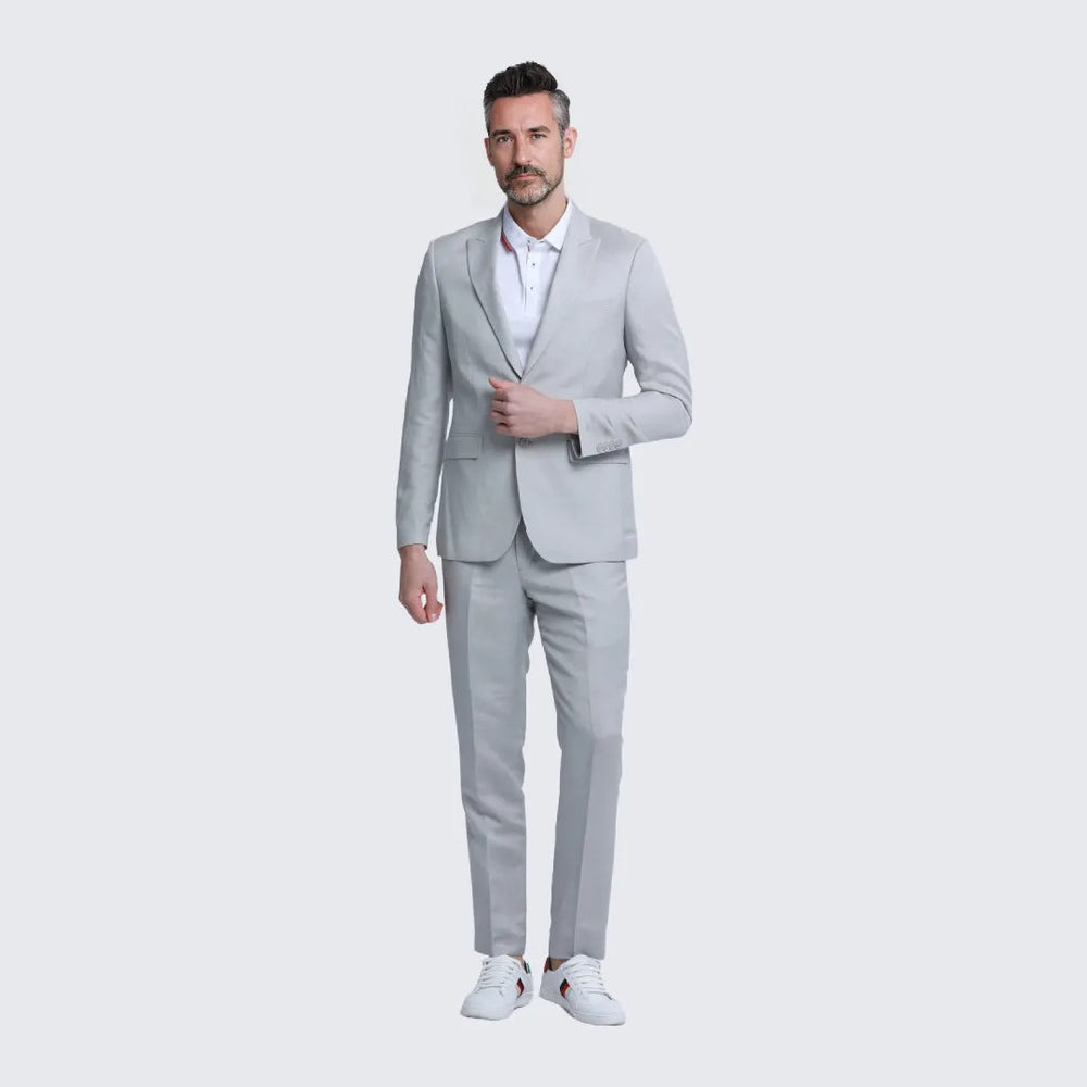 Light Grey Linen Suit Slim Fit Two Piece Set - Wedding - Prom
