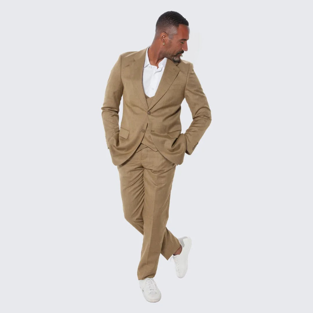 Oatmeal Textured Suit Three Piece Set with Large Notch Lapel by Stacy Adams - Wedding - Prom