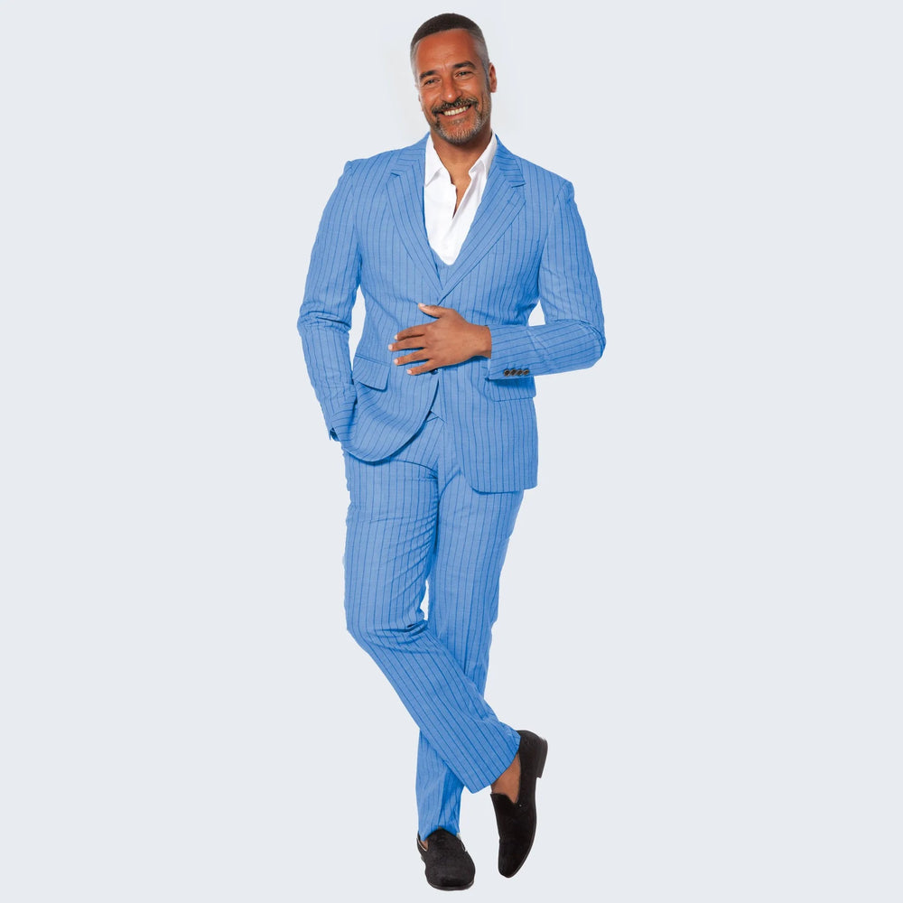 Smoke Blue Suit with Pinstripes Three Piece Set - Wedding - Prom