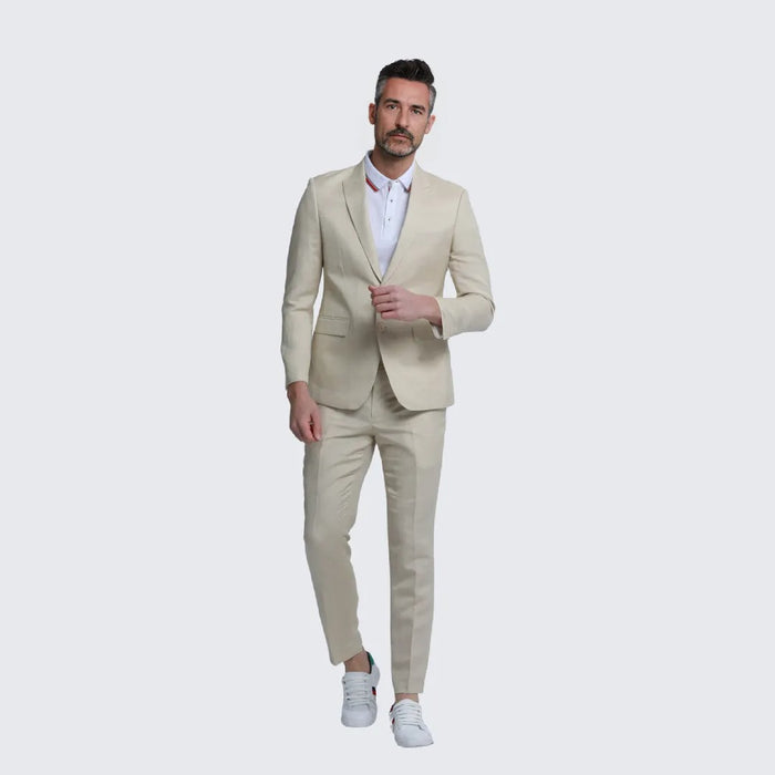 Tan Linen Suit Slim Fit Two Piece Set- Wedding - Prom