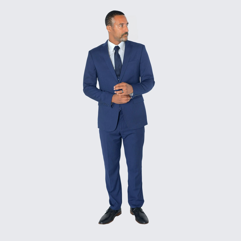 Dark Blue Pin Stripe Suit Three Piece Set - Wedding - Prom
