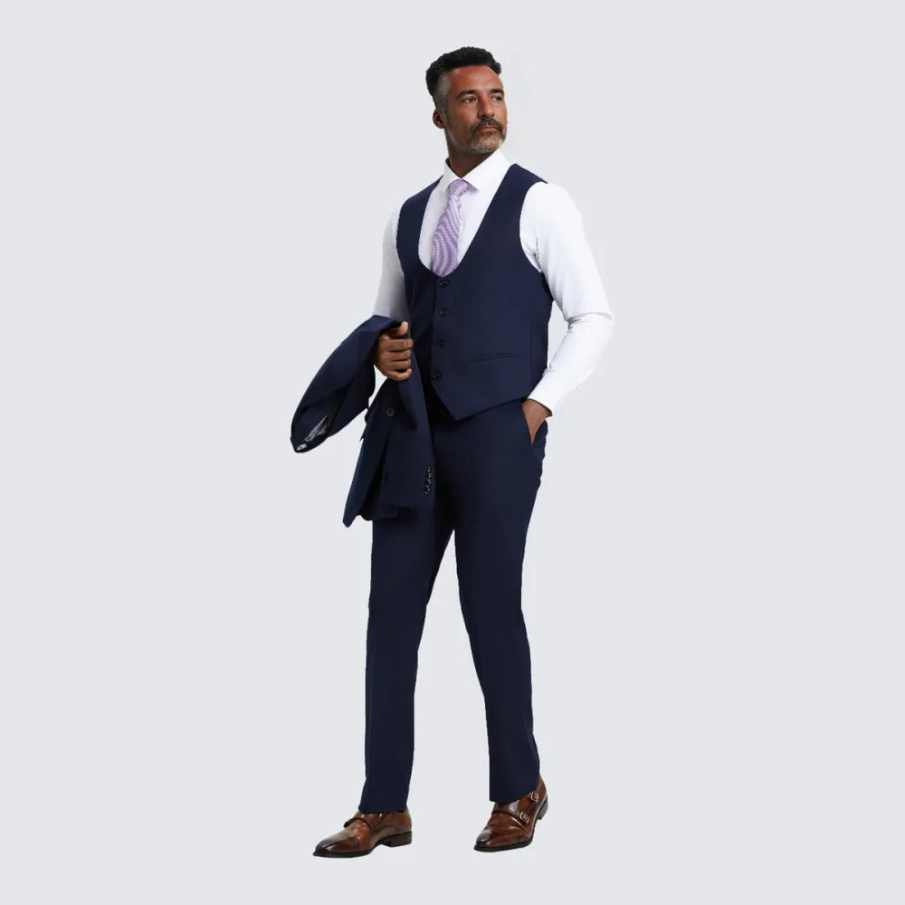 Navy Blue Slim Fit Three Piece Suit with Large Peak Lapel by Stacy Adams - Wedding - Prom