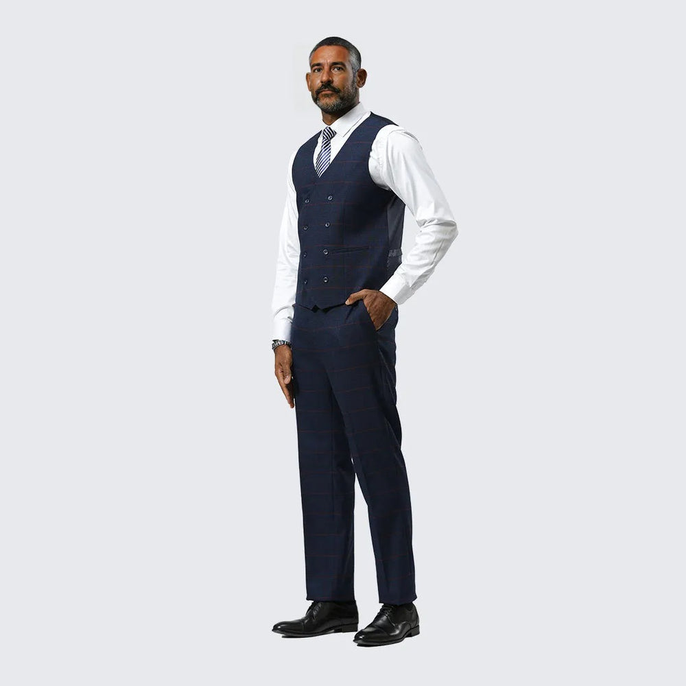 Navy Plaid Three Piece Suit By Stacy Adams - Wedding - Prom