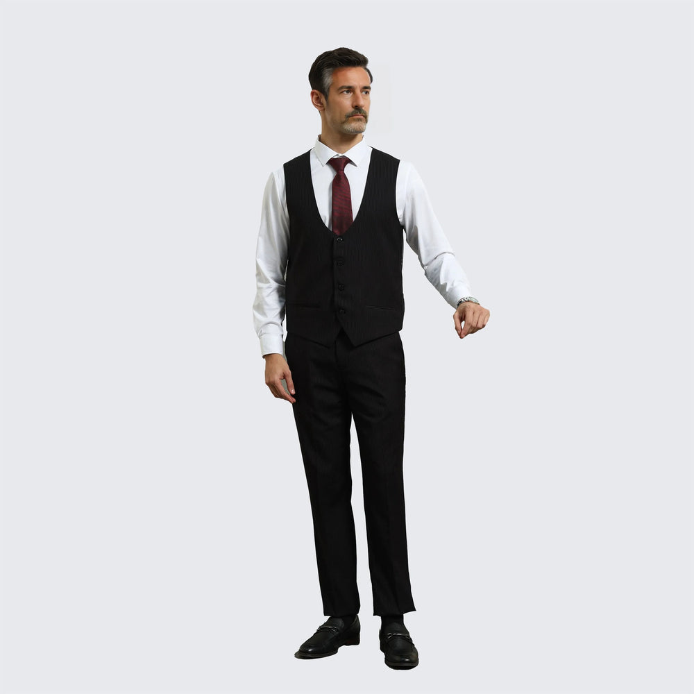 Black Pin Stripe Suit Three Piece Set - Wedding - Prom
