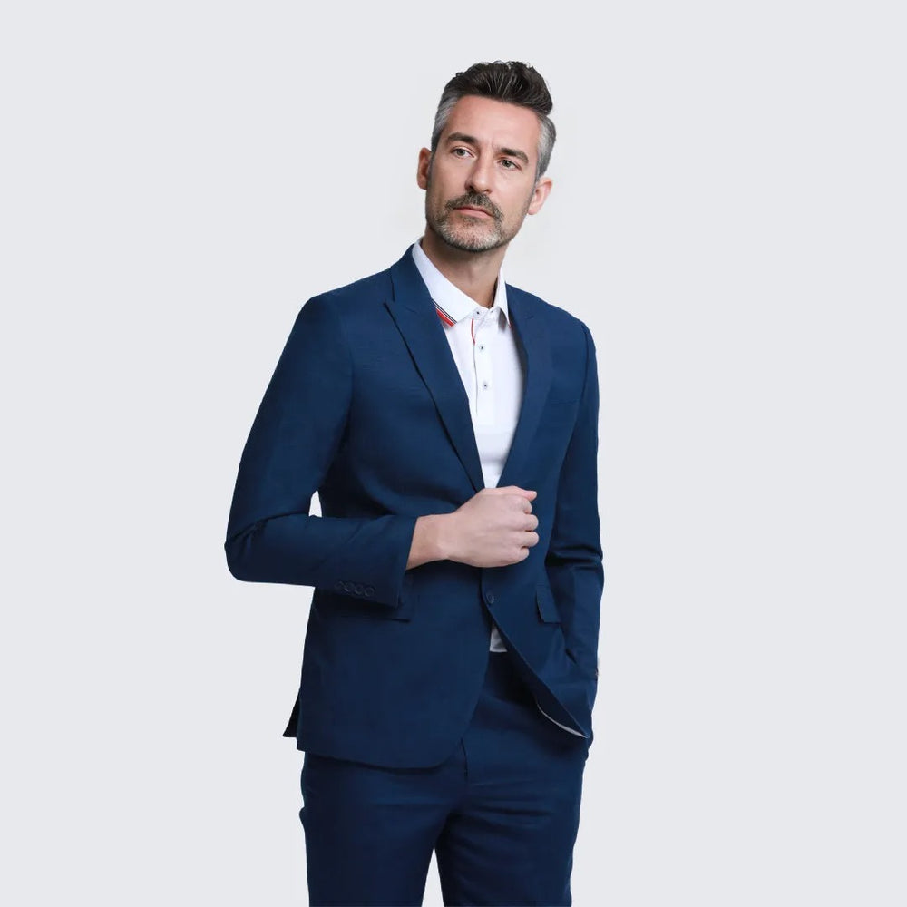 Navy Linen Suit Slim Fit Two Piece Set - Wedding - Prom