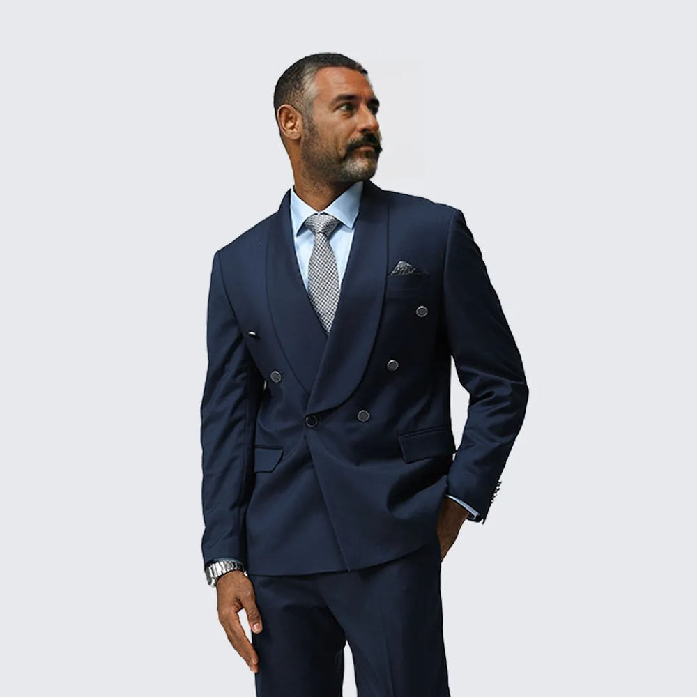 Navy Blue Suit Double Breasted Two Piece Set- Wedding - Prom