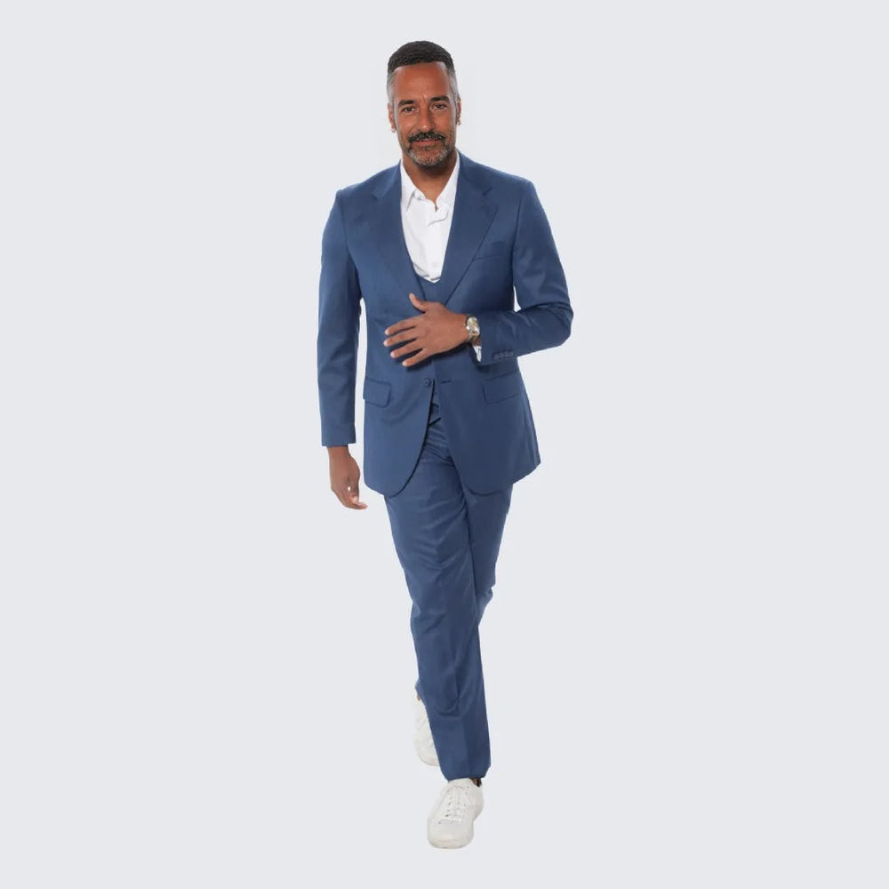 Blue Textured Suit Three Piece Set with Large Notch Lapel by Stacy Adams - Wedding - Prom