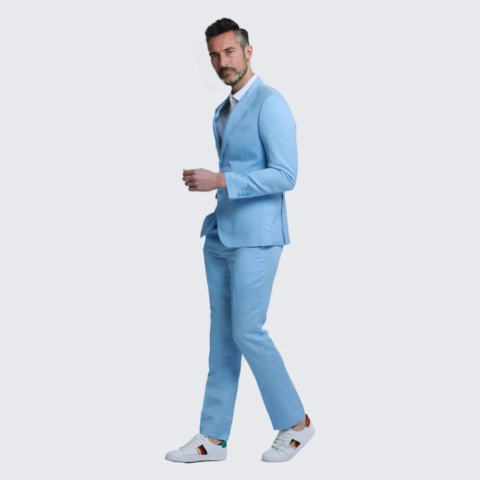 Baby Blue Linen Suit Slim Fit Two Piece Set - Wedding - Prom