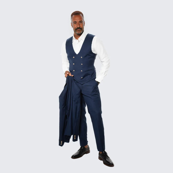 Navy Skinny Fit Suit Three Piece Set with Double Breasted Vest - Wedding - Prom