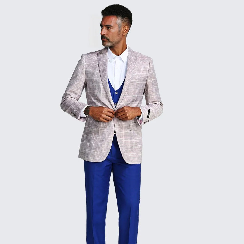 Tan and Blue Slim Fit Suit Windowpane Three Piece Set - Wedding - Prom