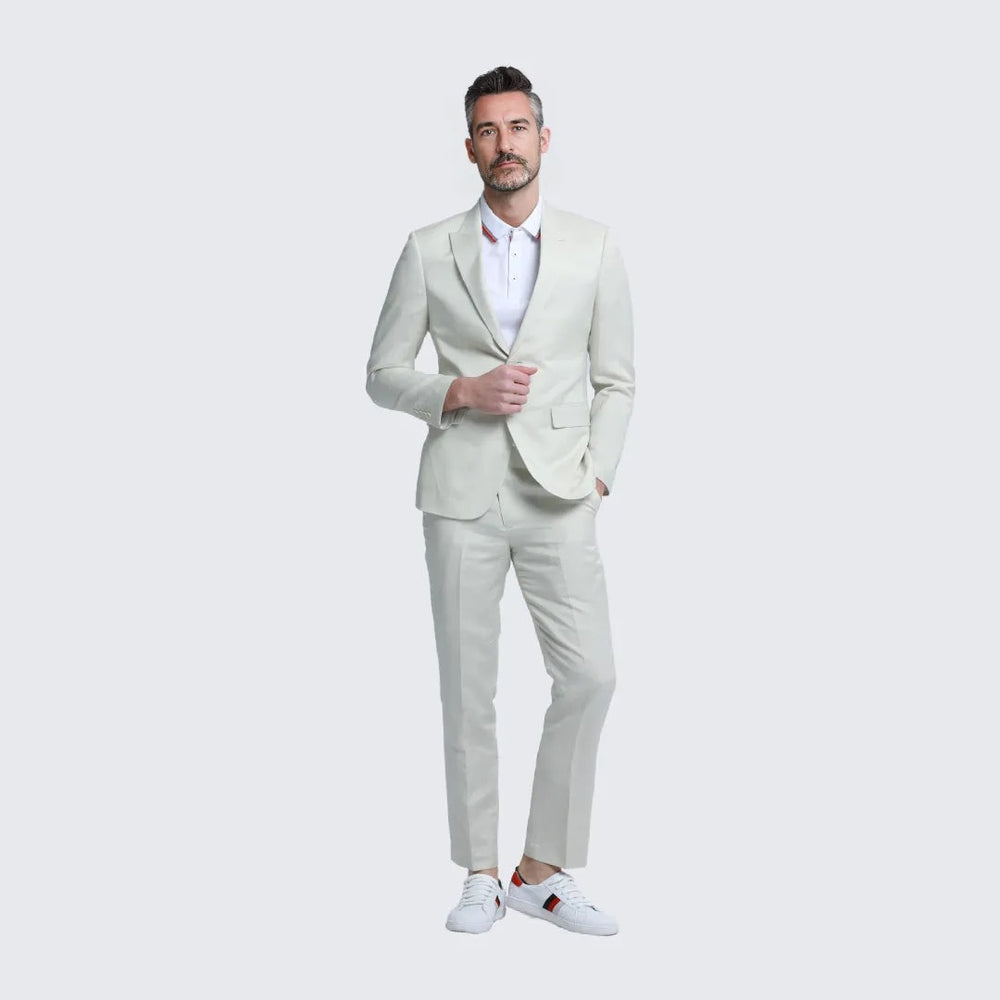 Ivory Linen Suit Slim Fit Two Piece Set - Wedding - Prom