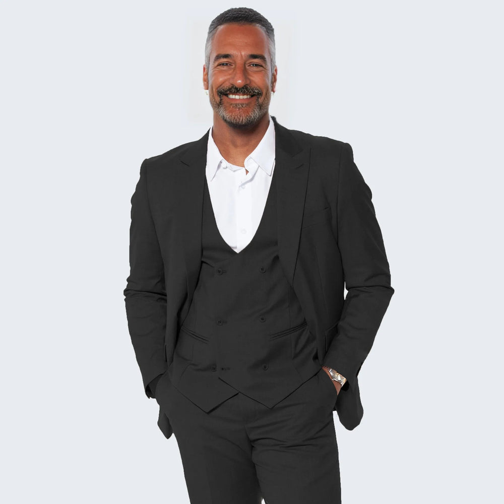 Black Slim Fit Suit With Double Breasted Vest - Wedding - Prom