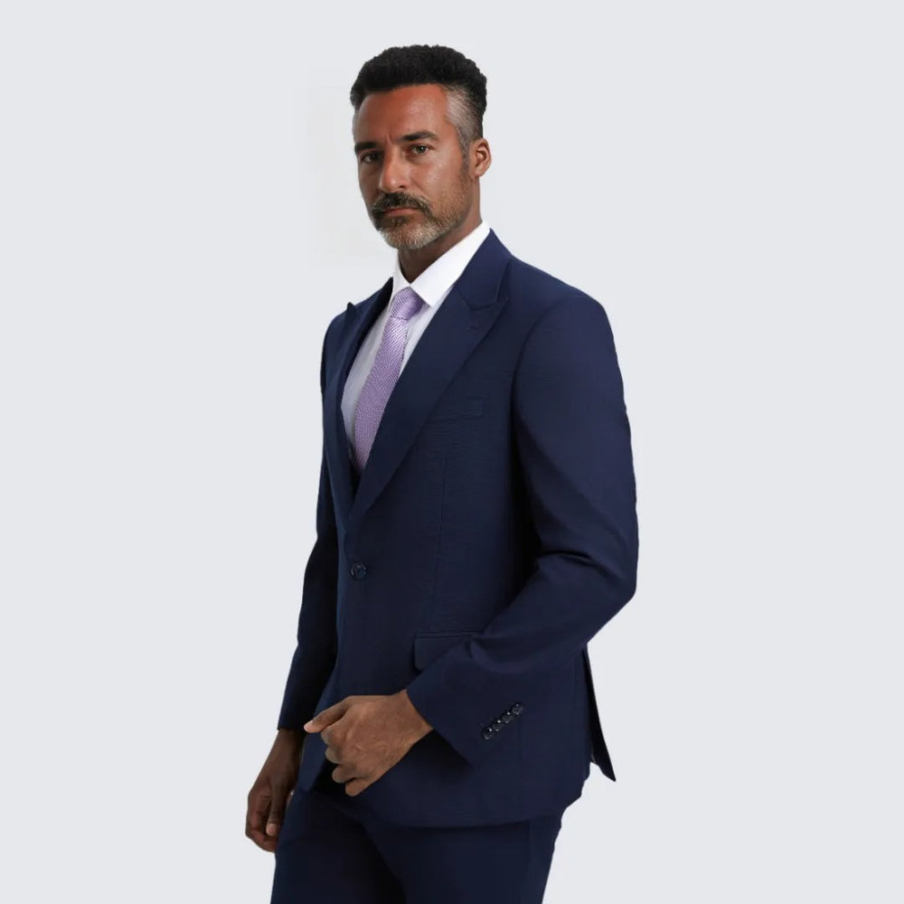 Navy Blue Slim Fit Three Piece Suit with Large Peak Lapel by Stacy Adams - Wedding - Prom