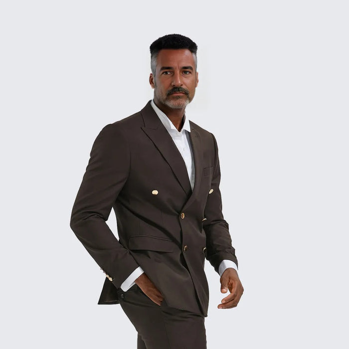 Brown Double Breasted Suit Two Piece Set with Gold Buttons - Wedding - Prom